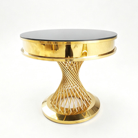 Mesa Redonda de Acero Inoxidable Dorado con Tapa de Vidrio Negro para Banquetes de Boda, Exhibición de Pasteles, Personalizable