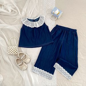 Girls Denim Set Sleeveless Top Wide-Leg Pants Lace Trim Toddler <strong>Cute</strong> Casual Outfit Kids Summer <strong>Clothing</strong> - Product Image 4