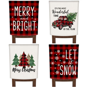 4 Uds fundas navideñas para sillas de lino negro y rojo búfalo a cuadros árbol muñeco de nieve camión comedor fundas de asiento Decoración - Product Image 1