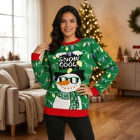 Pull de Noël en tricot à col rond pour femme, motif bonhomme de neige rouge, idéal pour les fêtes, vente en gros personnalisée