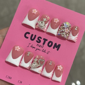 <span class=keywords><strong>Uñas</strong></span> Postizas <span class=keywords><strong>Cortas</strong></span> Estilo Y2K, Acrílicas, Hechas a Mano, <span class=keywords><strong>Decoradas</strong></span> con Flores 3D y Diamantes de Imitación, Reutilizables - Product Image 3