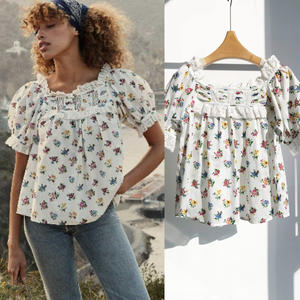 Blusa Babydoll de Verano para Mujer, Estilo Francés Vintage, con Encaje, Cuello Cuadrado, Manga Corta Abullonada, Estampado Floral, ODM - Product Image 2
