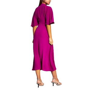 Vestido Midi Elegante de Gasa para Mujer, Color Morado, Cuello de Corbata, Manga con Vuelo, Abertura en el Dobladillo - Product Image 2