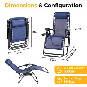 Chaise zéro gravité, chaise longue pliable, chaise de camping inclinable portable avec coussin, dossier en maille, porte-gobelets, plateau, chaise pour piscine - Product Image 2