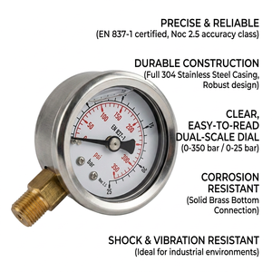 Manomètre antichoc à huile 60 mm, 0-350 psi/25 bar, raccord radial 1/2"NPT M, usage industriel, acier inoxydable SS304 SS316 - Product Image 3