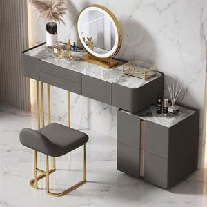 Ensemble de <span class=keywords><strong>commode</strong></span> moderne en bois massif avec miroir éclairé réglable et tabouret, coiffeuse minimaliste pour chambre à coucher, 2 tiroirs - Product Image 5