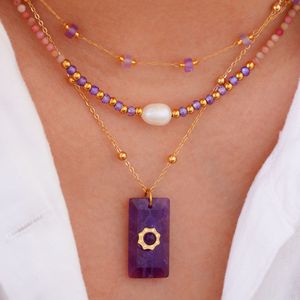 Nouveau design 2026 – Collier pendentif carré en pierre naturelle style vintage français, bijoux en acier inoxydable, vente en gros - Product Image 2