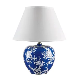 blue and white ceramic apple shape table lamp with linen lampshade for home