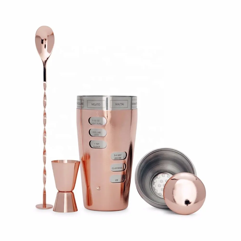 High Quality 24OZ Stainless Steel Gold Cocktail Shaker Set With Laser Etched On Strainer & Sexy Little Spoon & Copper Jigger