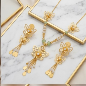 925 Silver Italian Mala Necklace Set with Beads Gold Butterfly Floral Pendant Jewelry Earrings for Women Wedding <b>Gift</b> Fashion - Product Image 4