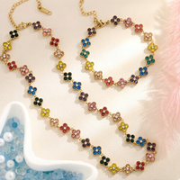 Ensemble collier et bracelet tennis trèfle à quatre feuilles multicolore en cristal, style luxe léger, pour femme