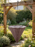 Panier suspendu en ciment sculpté à la main, forme cône, violet, marron, vert, avec doublure en plastique et supports métalliques, pour extérieur, maison, jardin, fleurs
