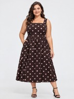Robe midi décontractée pour femme, col carré, à pois marron et rose, grande taille, personnalisable OEM, disponible en gros