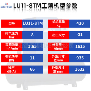 เครื่องอัดอากาศแบบสกรู Liutech รุ่น LU11 8TM ระบบหล่อลื่นด้วยน้ำมัน สำหรับอุตสาหกรรม แบบติดตั้งถาวร ระบายความร้อนด้วยอากาศ - Product Image 4