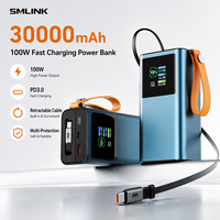 Batterie externe 30000 mAh 100W pour téléphones, montres connectées et ordinateurs portables avec câble rétractable