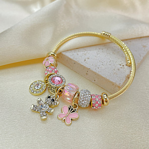 แฟชั่น DIY สีชมพูน่ารักลูกปัดคริสตัลหมีจี้ผีเสื้อปรับเสน่ห์เปิดกำไลสแตนเลสสีทอง18K - Product Image 3