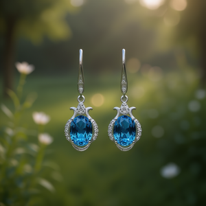 Orecchini pendenti classici placcati in argento con pietra ovale di topazio blu incastonata a castone per donna, gioielli da festa, orecchini alla moda - Product Image 2