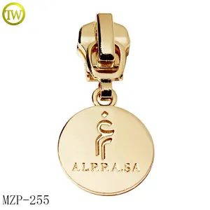 Bags hardware custom engraving name brand zipper tags round shape gold logo metal puller charms for wallet