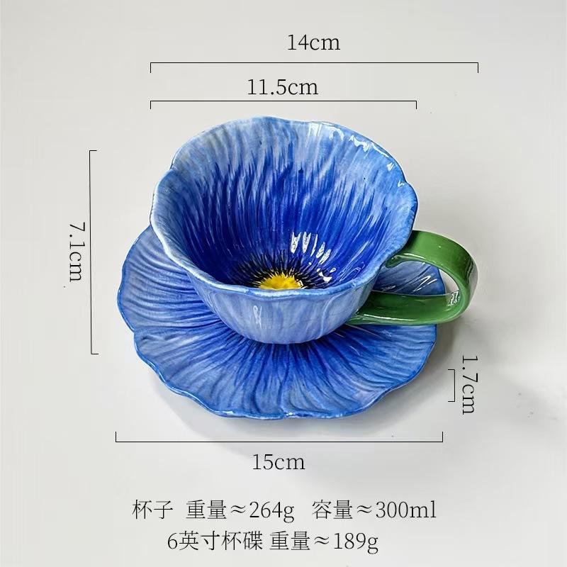 Flower coffee cup and saucer-blue