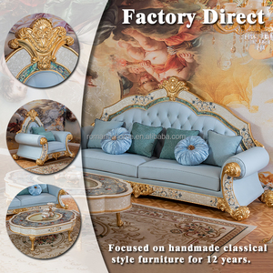 Elegante Juego de Sofás Neoclásicos de Madera Maciza con Hojas de Oro, Sillones Azul Claro Tallados al Estilo Turco, Muebles de Decoración de Lujo para Mansiones - Product Image 2