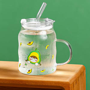 500ml Little Cute Cartoon Glass Printed Juice Coffee misurini colorati bicchiere in vetro trasparente smerigliato con coperchio e St - Product Image 2