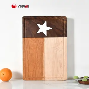 Planche à découper épaisse en bois de cerisier noyer érable naturel avec logo personnalisé avec rainure à jus et compartiment de tri pour la cuisine