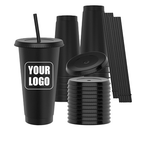 Gobelets réutilisables de 24 oz avec couvercles et pailles, logo personnalisé, gobelets en plastique noir, vente en gros, avec paille pour fêtes et voyages - Product Image 1
