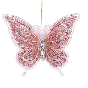 Customized Glass Crafts Artificial Butterfly Hanging Christmas Tree Ornament Plastic Glitter Butterflies Decorations