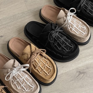 Suede Mules With Embroidered Bamboo Pattern Lace-Up <b>Closed</b> <b>Toe</b> Casual Anti-Slip Rubber Out sole All Seasons <b>Sandals</b> - Product Image 2