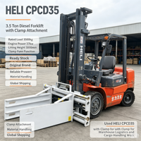 Chariot élévateur diesel d'occasion HELI CPCD35 de 3,5 tonnes avec accessoire de serrage, moteur de 37 kW pour les travaux de manutention de marchandises en vrac