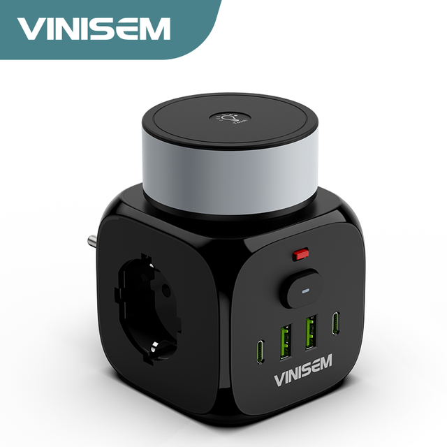VINISEM Portable Cube Power Socket Surge Protector Mini 3 Sockets 2 USB 2 Type-C Extension Electrical Outlet Light Industrial