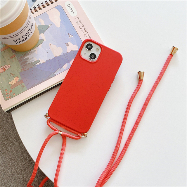 Degradable Eco Friendly Wheat Straw Case for iPhone 14 Pro Max 13 12 11 XR XS SE 6S 7 8 Plus Necklace Strap Rope Phone Cover