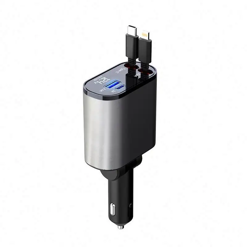 Carregador rápido USB C retrátil para carros, carregador com display digital LED 100W 4 em 1, adaptador rápido, 2 portas, tipo C, PD, carregador de estação de carregamento para carros