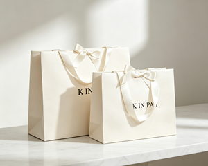<b>Gift</b> shopping bags made of high quality thickened <b>white</b> cardboard with satin ribbon bow handles finished with lamination - Product Image 3