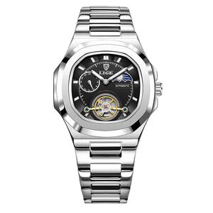 Reloj mecánico LIGE para hombre, correa de acero inoxidable, resistente al agua, 10 bar, plateado y negro - Product Image 1
