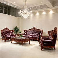 Ensemble de canapés en cuir de style européen, 3 places, 2 places, 1 place, cadre en bois sculpté, meubles de luxe pour salon et hôtel