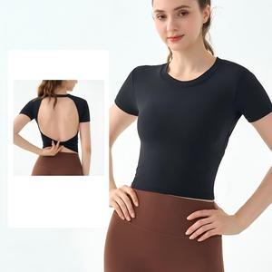 Wholesale Women Twist Criss Cross <b>Open</b> Back Yoga Crop Tops Stretch Short Sleeve Slim Athletic T Shirts Built in <b>Bra</b> Pilates Tee - Product Image 1