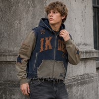 Jaket Hoodie IKDEER Custom Cropped Zip dengan Aplikasi Kain Berumbai Raw Frayed Edge dan Patchwork Multi Tone untuk Pemotretan Video Gaya Retro Street