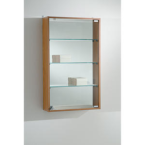 Vitrine suspendue avec porte à charnières verrouillable et 3 étagères en verre trempé, dos miroir, hauteur 85 cm, finition bois cerisier - Product Image 1