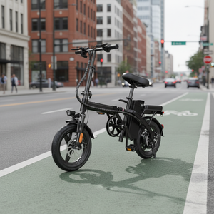 Vélo électrique <span class=keywords><strong>pliable</strong></span> mini 14 pouces sans balais 350W, vitesse unique, batterie lithium 500Wh, freins à disque, portable, rangement pour coffre de voiture ou <span class=keywords><strong>appartement</strong></span> - Product Image 1