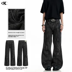 11KN Light Black Straight-leg <strong>Jeans</strong> Neutral High-quality Custom Vintage Washed Distressed Loose Denim Casual <strong>Jeans</strong> - Product Image 1