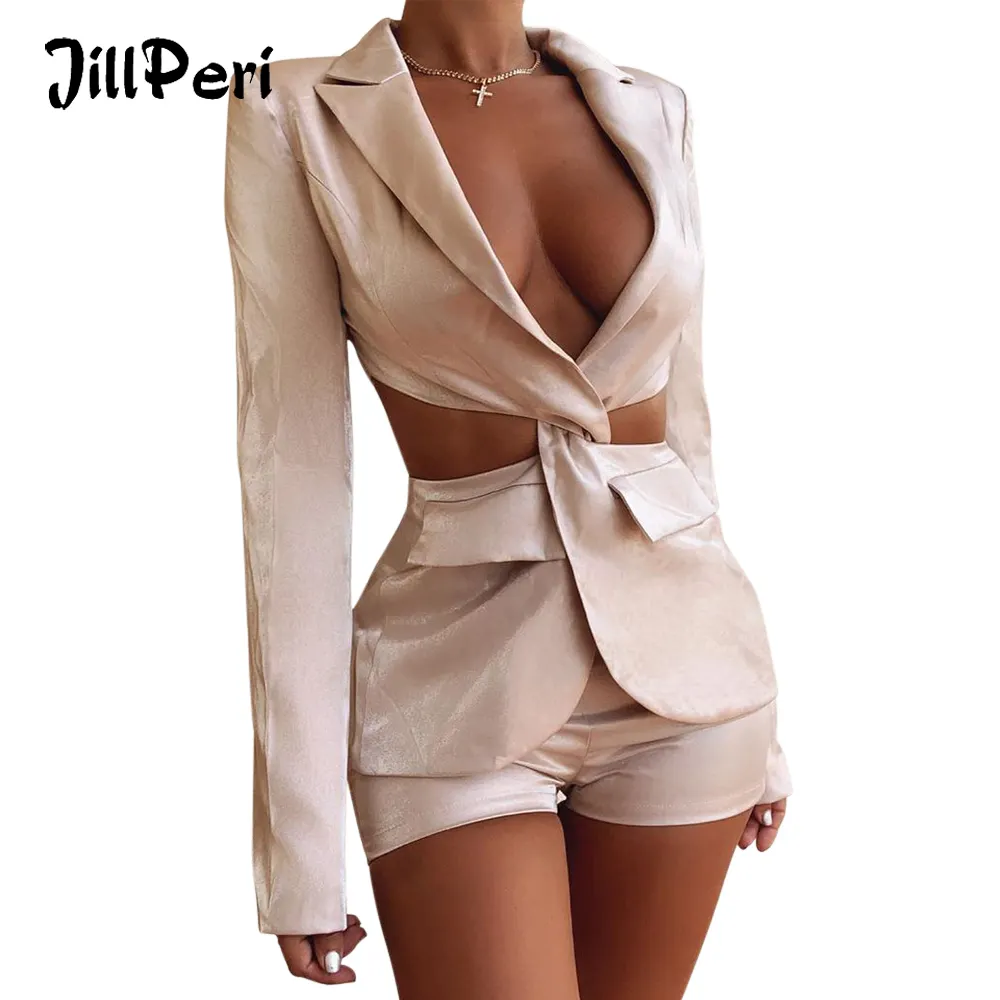 JillPeri Langarm Aushöhlen Blazer Top und Shorts Set Kleidung Winter Frauen Outfits Zwei Stück Set