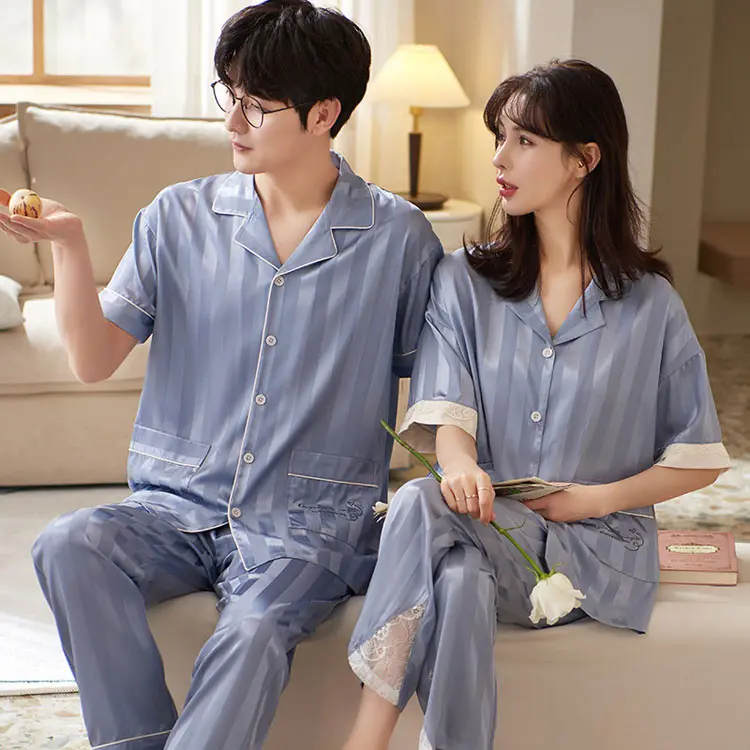 Summer Terno Sleep Ribbed Lounge Wear Men Night Suit Lady Piyama Satin Pyjama Couple Silk Pajama Sets Home Clothes For Woman