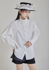 Chemises <span class=keywords><strong>Blouse</strong></span> Femmes Haut De Gamme Industrie Lourde En Trois Dimensions Rose Brodé Col Montant Noir Chemise Bouton Coton Automne - Product Image 3