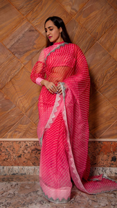 Pink Leheriya Organza Saree con diseño Premium hecho a mano 5,5 metros de longitud Organza Saree para la venta por los exportadores - Product Image 4