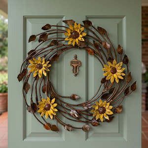 Corona de Girasoles de Metal Rústico, Flores Decorativas Hechas a Mano, Corona Redonda sin Luces para Colgar en la Puerta o Pared - Product Image 5