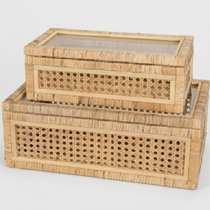 Boîtes de rangement rectangulaires empilables en rotin avec couvercles en verre transparent pour une visibilité rapide, disponibles à prix de gros. - Product Image 1