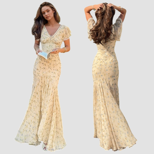 Vestido Casual de Verano con Cuello en V y Estampado Floral Pequeño, Vestido Largo Ajustado con Cola de Pez Irregular - Product Image 5