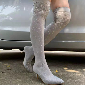 รองเท้าบูทถุงเท้ายาวระดับเข่าแฟชั่นผู้หญิงปี 2024 ส้นสูง 7 ซม. ประดับคริสตัล สไตล์สตริปเปอร์ สำหรับฤดูหนาว - Product Image 4