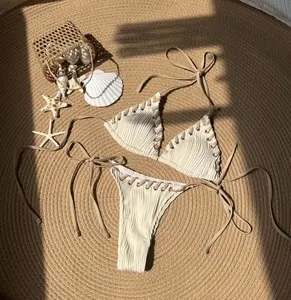 Net Aankomsten Voorraad 4 Kleuren Driehoek Top Getextureerde Geribbelde Badkleding Sexi Lady Mini Braziliaanse Bikini